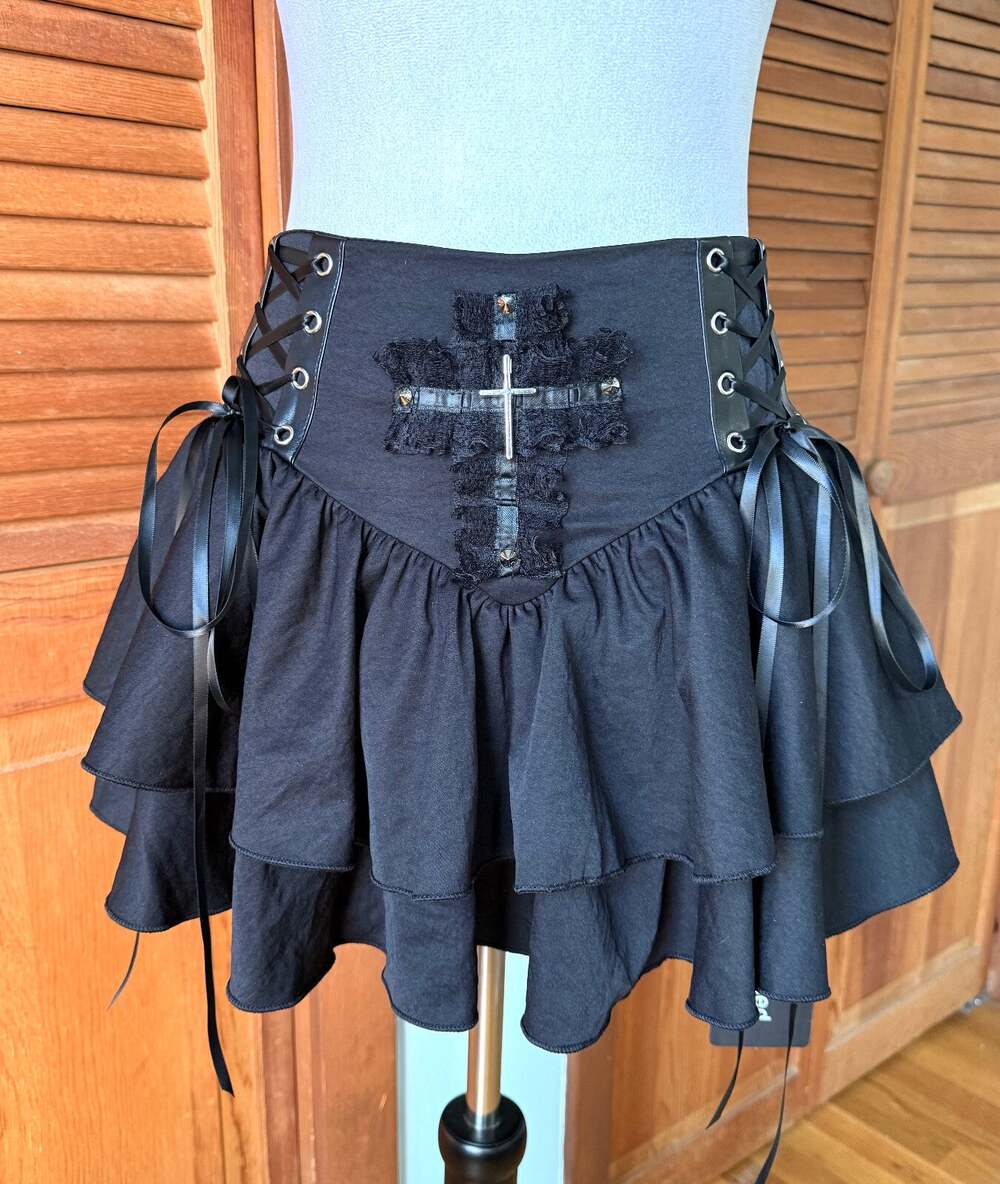 Punk Goth Lolita Harajuku Black Cross Lace-up Sides Ruffle Mini Skirt